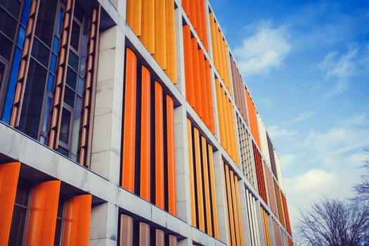 modern exterior of a colorful office building in Riga, Latvia