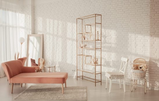 Spacious white room with carpet, sofa, mirror and armchair