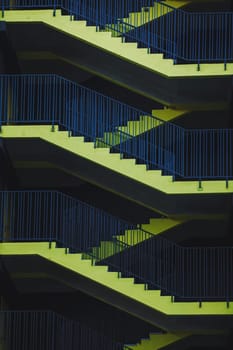  Yellow stairs, fire escape ladders, mall parking stairs