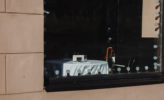  close-up the glass of a window at empty bistro in Europe