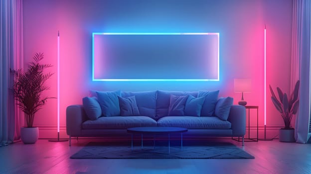 A living room with a purple sofa bed, rectangle table, and electric blue neon lights. The perfect mix of furniture, technology, and entertainment