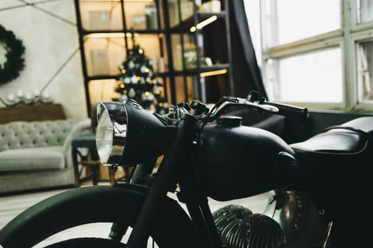 old vintage motorcycle. headlight and steering wheel