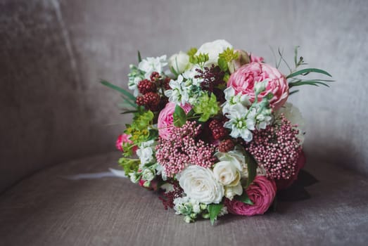 Wedding flowers, bridal bouquet. Decoration made of roses, peonies and decorative plants