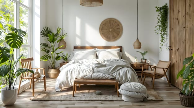 inviting bohemian-style bedroom features abundant natural light, a variety of plants, and a selection of woven and wooden decor, creating a serene and earthy ambiance - Generative AI