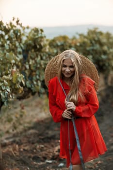 portrait of a happy woman in the summer vineyards at sunset. woman in a hat and smiling