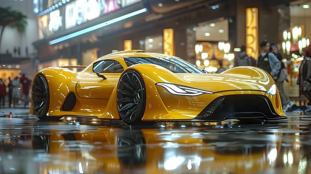 A sleek yellow car is parked in the rain outside a building, showcasing its automotive design under the wet conditions