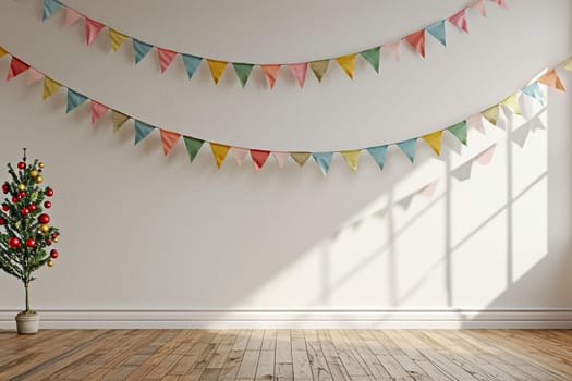 Colorful holiday flags in the form of a garland on the wall. The garland hangs in two rows. Congratulatory background with place for text. Holiday concept