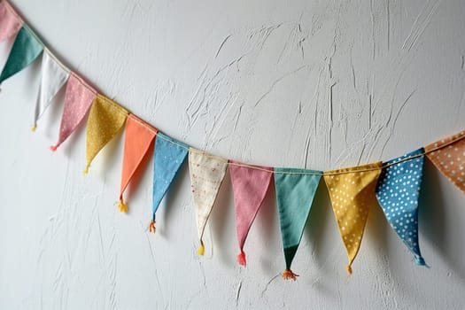 Festive garland of multi-colored fabric triangles on a white wall with space for text.