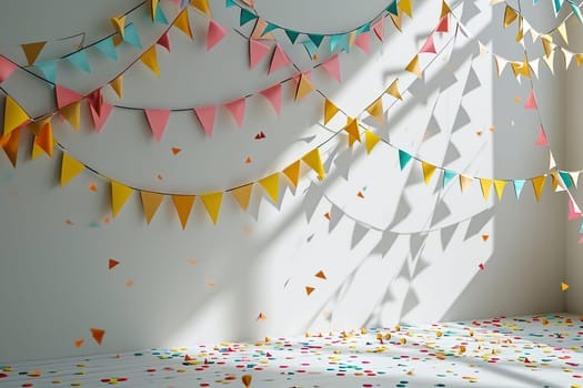 The white wall is decorated with festive garlands with flags. Concept of holiday, fun.