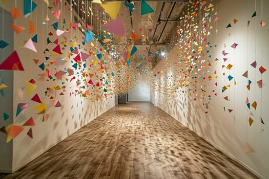 A long, bright corridor with festive garlands hanging from the ceiling. The concept of organizing a holiday.