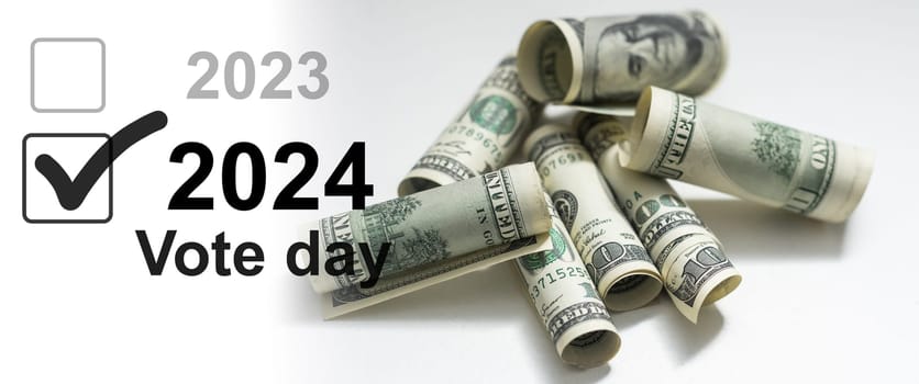 American vote concept. Ballot for presidents election 2024 and many dollar banknotes. High quality photo