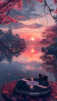 A record player sits by the tranquil lake as the sun sets, painting the sky with vibrant colors. The afterglow reflects off the water, creating a serene natural landscape
