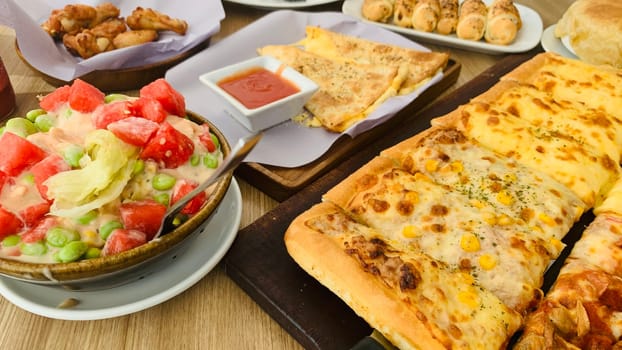 Homemade square pizza with cheese on wooden table Square pizza - Four seasons - Organic pizza - Vegan healthy pizza - Vegetables pizza