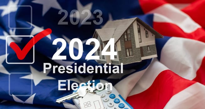 2024 presidential election year in United States as illustration template on blue background wall with reflection. High quality photo