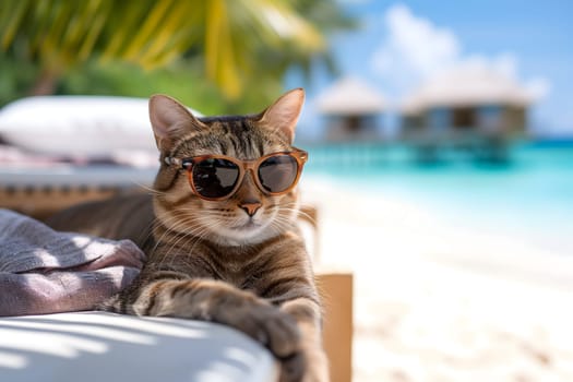 tabby cat with sunglasses laid on tropical beach, vacation theme. Neural network generated image. Not based on any actual person or scene.