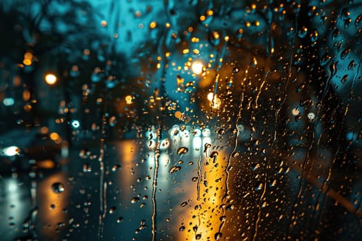 Raindrops close-up on a car window in the evening.
