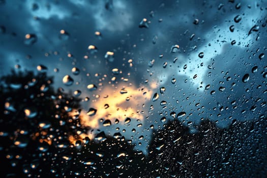 Large drops of rain on the glass or hood of a car with the sky reflected.