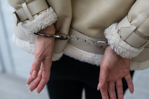 A closeup of a white female who has been arrested and is standing wearing handcuffs. The prisoner will soon be transported to jail. High quality photo
