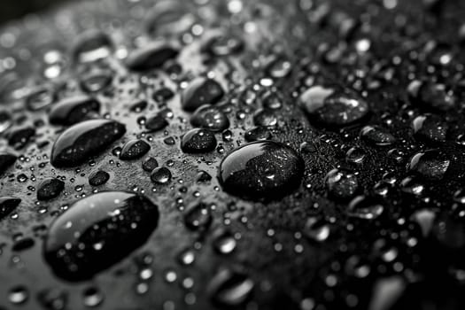 Close-up of water drops on a black surface with blur. Horizontal abstract background.