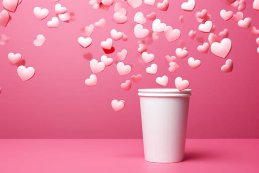 Pink 3D hearts fly out of a white paper cup.