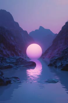 The purple sun is setting over the water, casting a beautiful glow on the mountains in the natural landscape. The sky is filled with colorful clouds, creating a stunning dusk atmosphere
