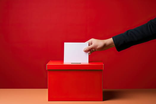 A hand throws a voting form into a red box on a red background. Election concept.