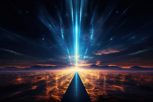 A path leading to a flash of bright neon rays.