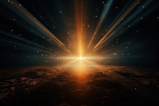 A flash of bright golden rays on the horizon in the dark.