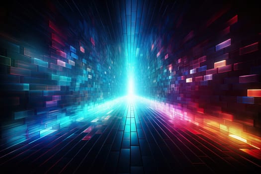 Abstract holographic neon corridor with reflection.