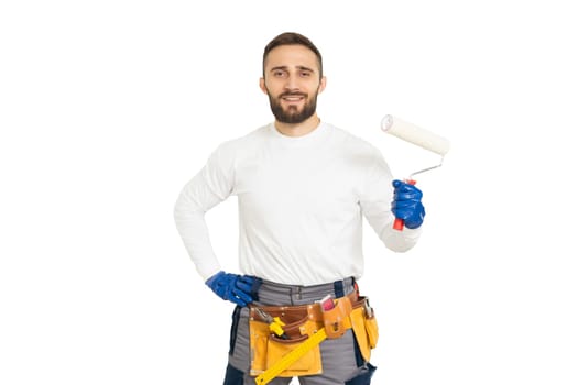 cheerful young worker, technology, construction.