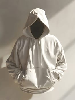 A white hoodie with a hood is displayed on a wall, showcasing a fashionable top with a practical headgear piece and protective collar