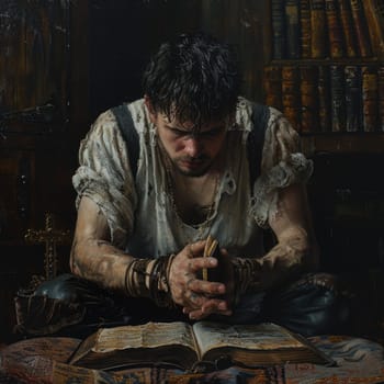 A man, depicted in a painting, engrossed in reading a book.