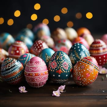 Painted eggs are arranged neatly on top of a wooden table, creating a festive Easter display.