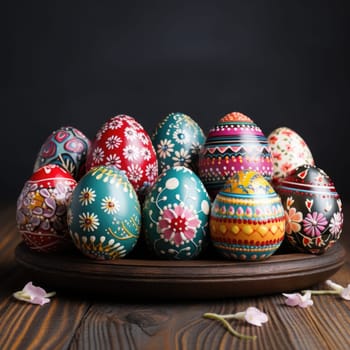 A wooden tray on a table filled with colorful painted eggs, creating a festive Easter display.