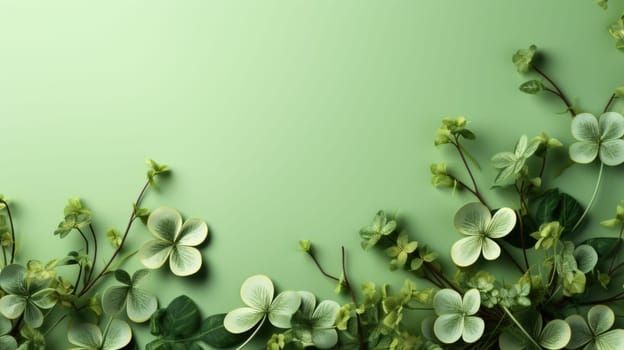 Fresh spring layout with vivid green background featuring delicate white flowers and lush green leaves.