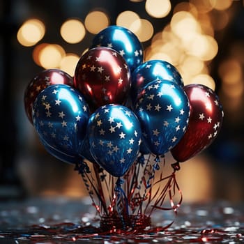 A collection of colorful balloons with patriotic designs arranged neatly on a table, creating a festive and cheerful atmosphere.