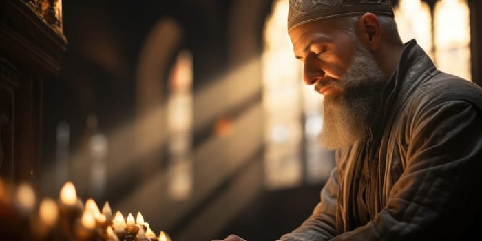 A man with a long white beard engrossed in looking at a cell phone screen.