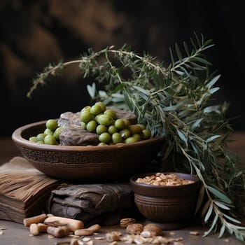 A bowl filled with grapes and nuts placed next to an open book on a table.