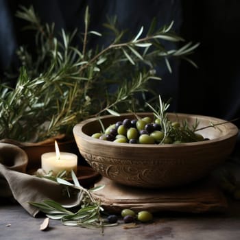 A bowl filled with olives and a lit candle placed on a wooden table.