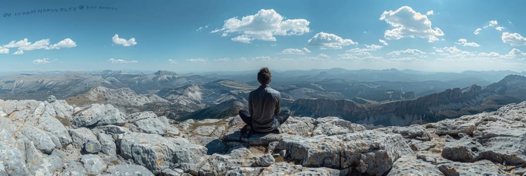 A man sits on top of a rocky mountain summit, overlooking the breathtaking landscape.