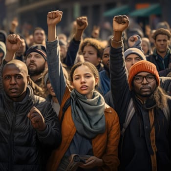 A diverse group of individuals passionately raise their hands in a demonstration.