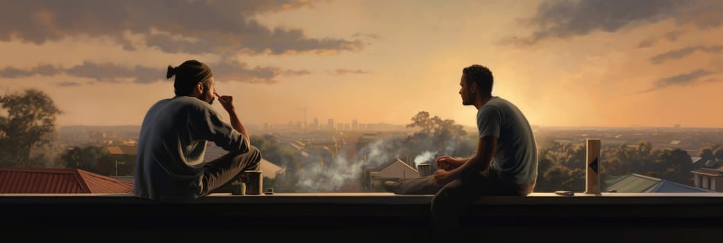 Two men sitting on top of a roof, smoking.