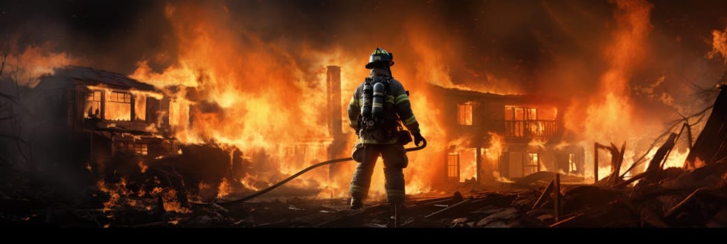 A firefighter equipped with a hose stands in front of a blazing fire, actively working to extinguish it.
