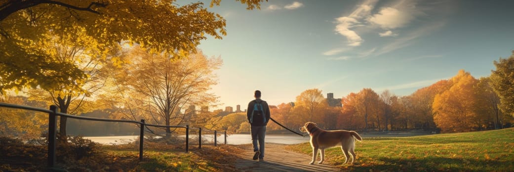 A man is walking a dog on a leash in a park.