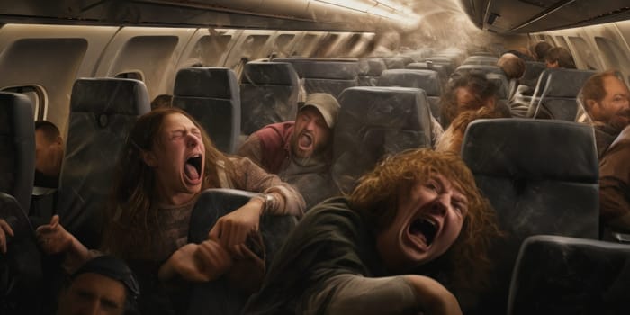 A group of individuals onboard an airplane displaying shock and alarm as they experience a crisis situation.