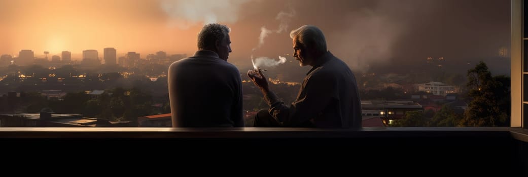 Two men are standing next to each other, smoking, on a balcony.