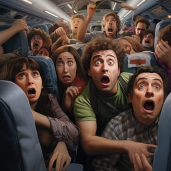 A group of people on an airplane showing shock or surprise with their mouths open.