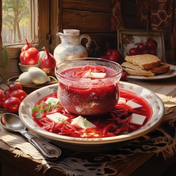 A realistic painting depicting a bowl of borscht soup placed on a plate.