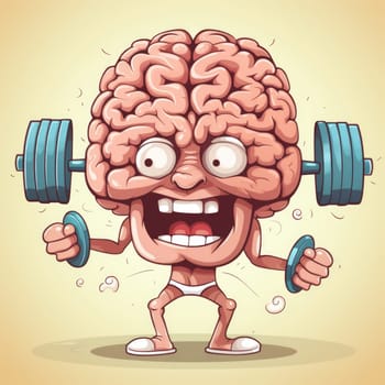 A cartoon brain showcasing determination as it lifts a barbell, demonstrating mental strength through physical action.