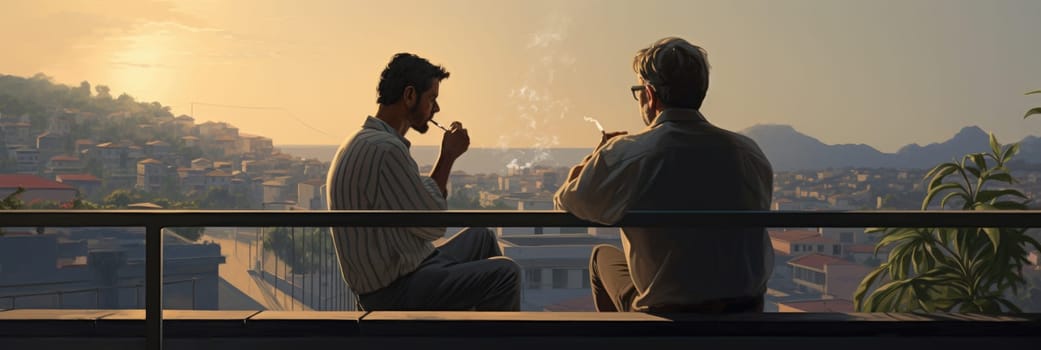 Two men seated on a balcony, engaged in conversation while smoking.